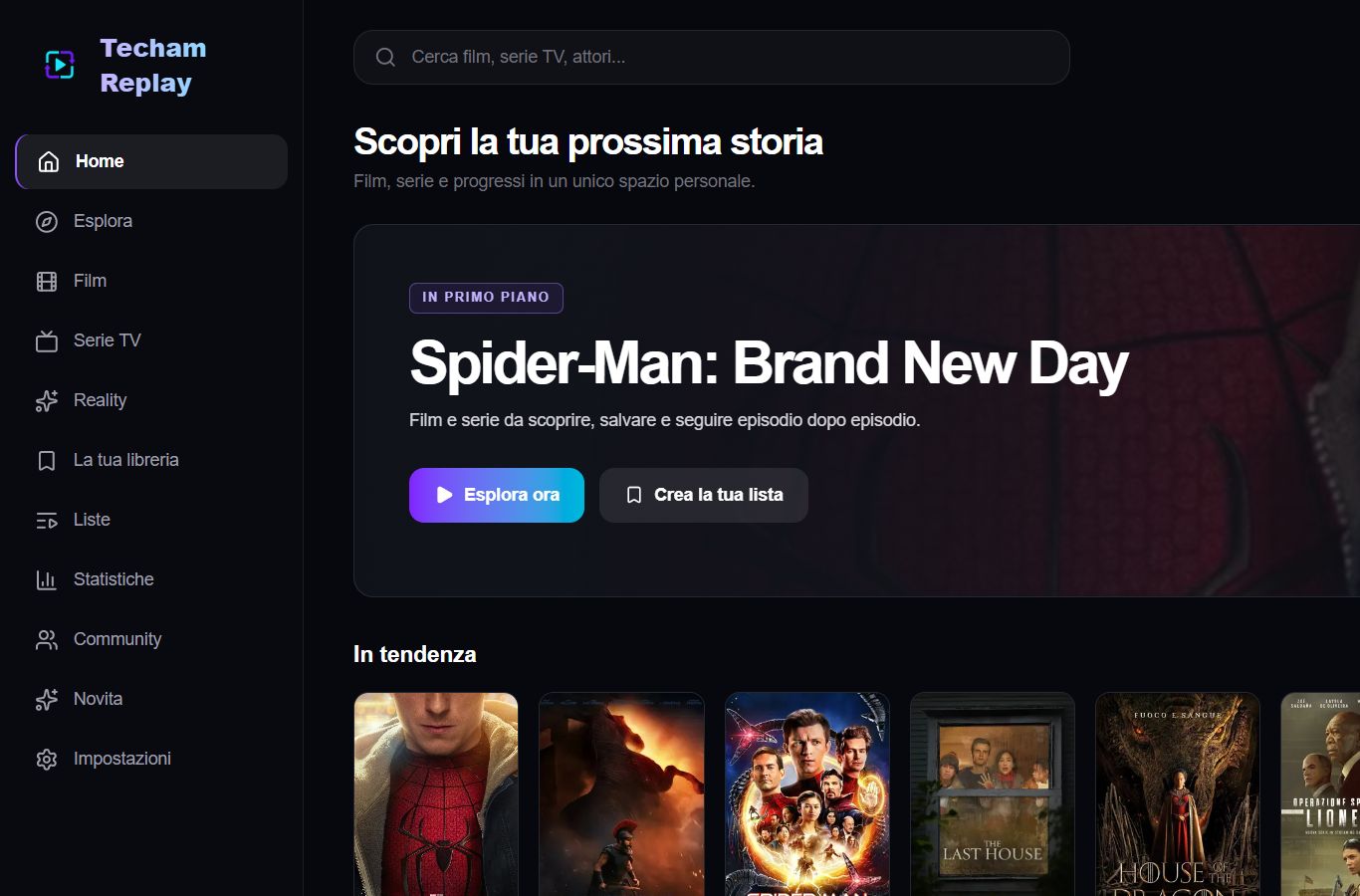 Dashboard di Techam Replay su desktop